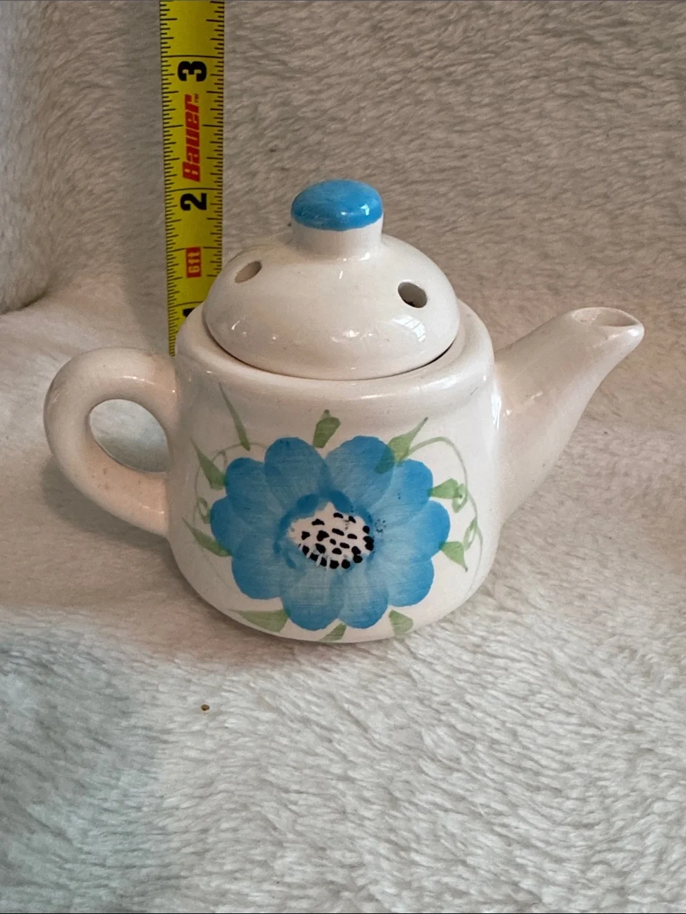Bauer White Ceramic Mini Teapot Trio with Blue and Purple Floral Accents